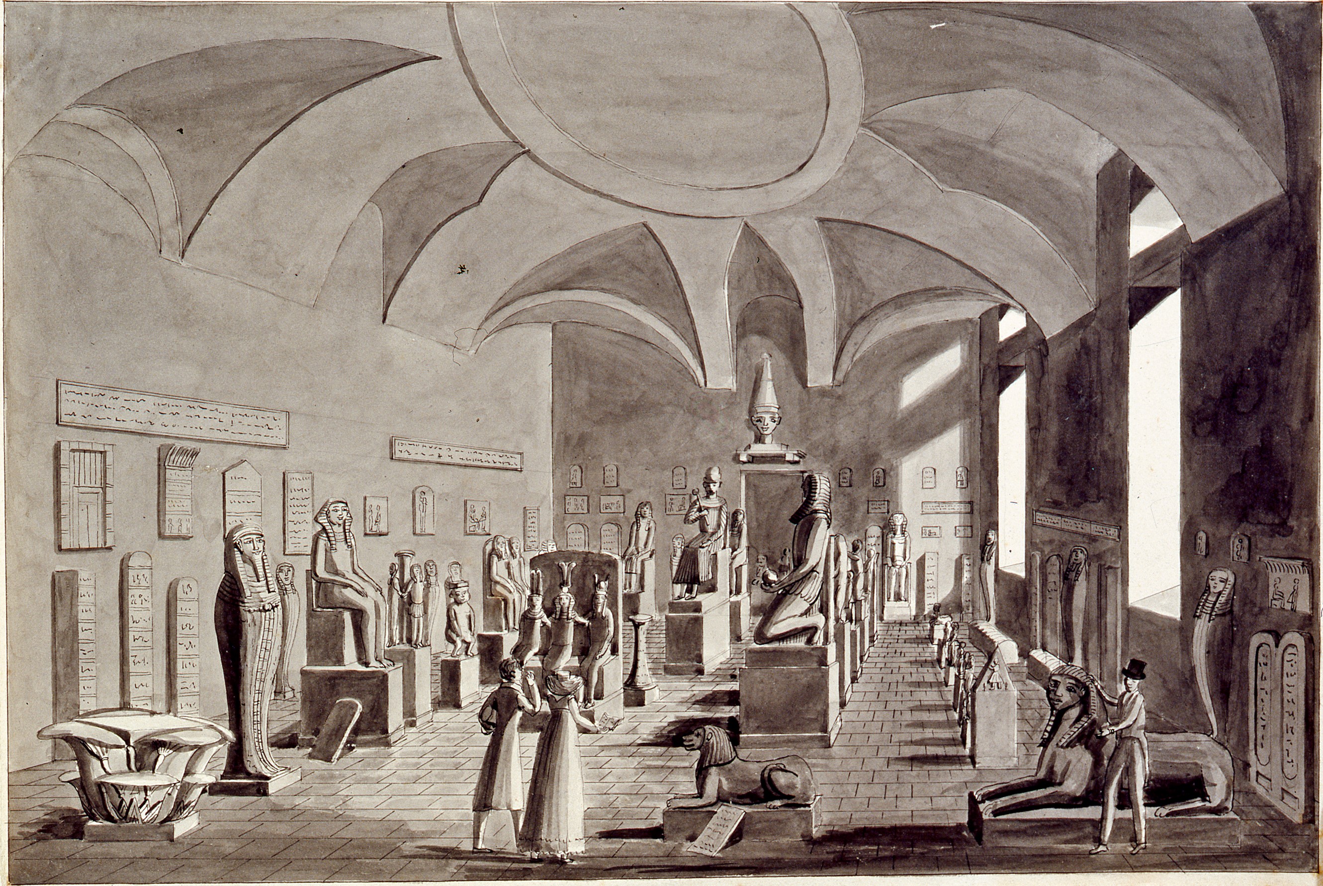 Historical drawing by Marco Nicolosino showing the first display of the Drovetti collection in Museo Egizio Turin around 1832